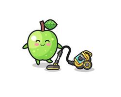 cute green apple holding vacuum cleaner illustration vector