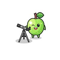 mascota de astrónomo de manzana verde con un telescopio moderno vector