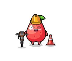 road worker mascot of water apple holding drill machine