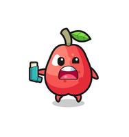 water apple mascot having asthma while holding the inhaler vector