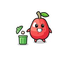 illustration of the water apple throwing garbage in the trash can vector