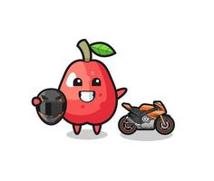 cute water apple cartoon as a motorcycle racer vector