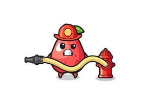caricatura de manzana de agua como mascota de bombero con manguera de agua vector