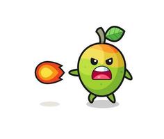 cute mango mascot is shooting fire power vector