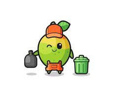 the mascot of cute mango as garbage collector vector