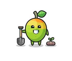 cute mango cartoon is planting a tree seed vector