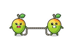 cute mango character is playing tug of war game vector