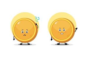 Cute coin character with confused and happy expression vector