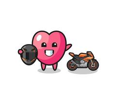 Caricatura linda del símbolo del corazón como un piloto de motos vector