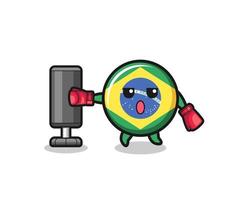 Dibujos animados de boxeador de bandera de Brasil haciendo entrenamiento con saco de boxeo vector