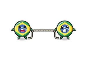 cute brazil flag character is playing tug of war game vector