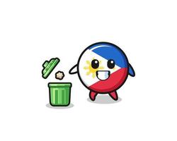 Ilustración de la bandera de Filipinas tirando basura en el bote de basura vector