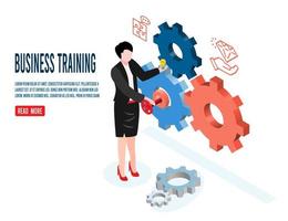 Isometric businesswoman idea and gear control for drive business planning and business goals.
