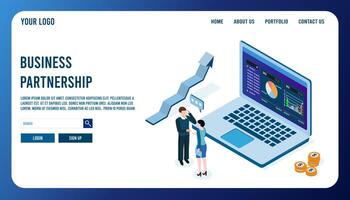 Business partnership landing page. Business team consult, professional support and communication collabarate, vector