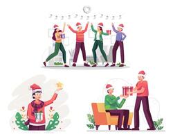 ilustración vectorial familia de navidad de dibujos animados decorando el árbol de navidad y celebración de año nuevo. vector
