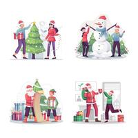 ilustración vectorial familia de navidad de dibujos animados decorando el árbol de navidad y celebración de año nuevo. vector