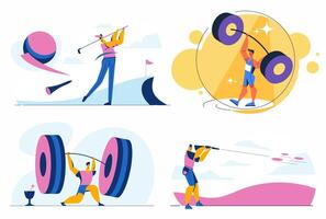 Sport concept with Young Athlete. Golf, weight lifting, Clay Target shooting sport that competes vector