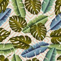 Floral seamless pattern with leaves, abstract striped geometric background vector