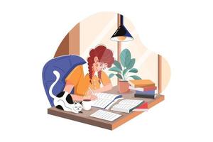 Girl student sit at desk and study Illustration concept. Flat illustration isolated on white background. vector