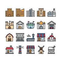 Landscape and Architecture Filled outline icon set vector