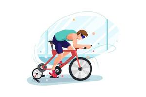 Hombre haciendo ciclismo en concepto de ilustración de simulador de bicicleta. ilustración plana aislada sobre fondo blanco. vector