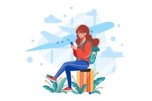 mujer esperando un concepto de ilustración de vuelo. ilustración plana aislada sobre fondo blanco. vector