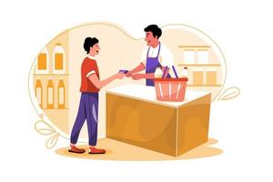 Hombre pagando la compra con concepto de ilustración de tarjeta de crédito. ilustración plana aislada sobre fondo blanco. vector