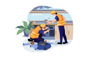 Plumber workers working in the home Illustration concept. Flat illustration isolated on white background. vector