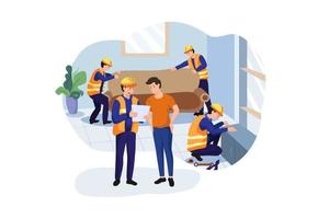 Construction workers arranging interior Illustration concept. Flat illustration isolated on white background. vector