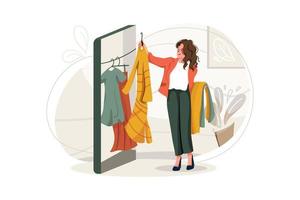 mujeres que eligen ropa en el concepto de ilustración de la tienda en línea. ilustración plana aislada sobre fondo blanco. vector