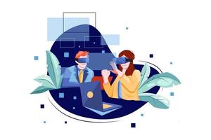 Person with VR headset enjoying an experience of metaverse virtual world Illustration concept. Flat illustration isolated on white background. vector