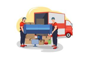 Movers picking up a sofa Illustration concept. Flat illustration isolated on white background. vector
