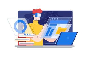 Person with VR headset enjoying an experience of metaverse virtual world Illustration concept. Flat illustration isolated on white background. vector