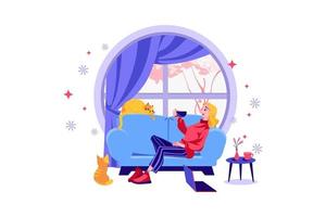 Girl heaving Coffee and relaxing on the sofa Illustration concept. Flat illustration isolated on white background. vector