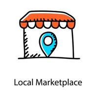 Doodle design of map marker with shop building concept of local marketplace vector