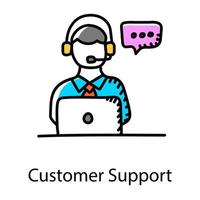 Male person wearing headphones with mic in front of laptop showcasing customer support icon vector