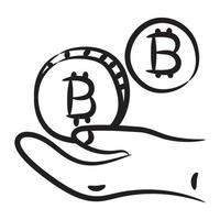 Hand holding bitcoins denoting bitcoin income icon vector