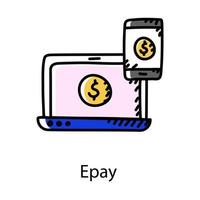 Dollar inside mobile phone and laptop denoting epay icon in doodle vector