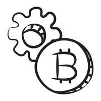 Gear with cryptocurrency coin doodle design of bitcoin management vector