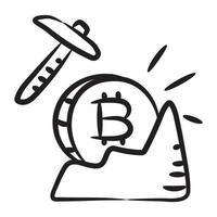 Icon of cryptocurrency mining in doodle design btc with pickaxe vector