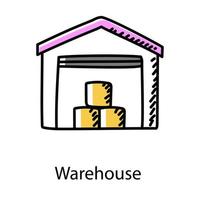 Warehouse icon in doodle design building for storing goods vector