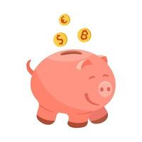 Pig piggy bank with bitcoin coins, euro dollar. vector