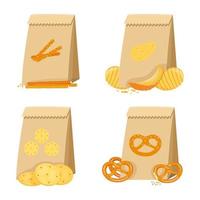 Salty snack in paper bags, pretzel, cracker, straws, chips. vector