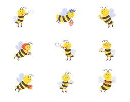 un conjunto de lindas abejas con caras dibujadas en un estilo de dibujos animados, leer, jugar, trabajar. vector