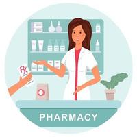 A pharmacist at a pharmacy dispenses a prescription medication to a client. vector