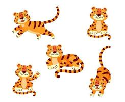 Cute set of illustrations of a tiger in different poses isolated on a white background. vector