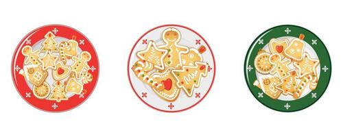 Christmas gingerbread cookies on porcelain platter. View from above. Vector illustration of festive New Year's table setting.