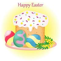 Easter cake with decorated eggs, postcard with text vector