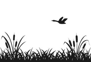 Black silhouette of marsh grass, flying duck, lake reeds, seamless grass. vector