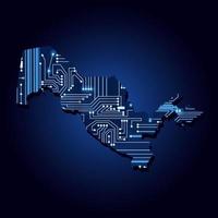 mapa de contornos de uzbekistán con un circuito electrónico tecnológico. vector